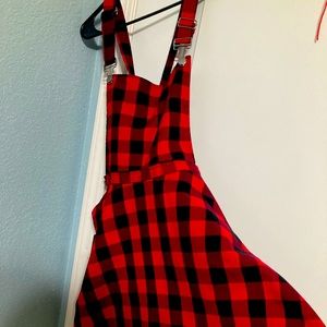 Junior girls red and black plaid overall dress